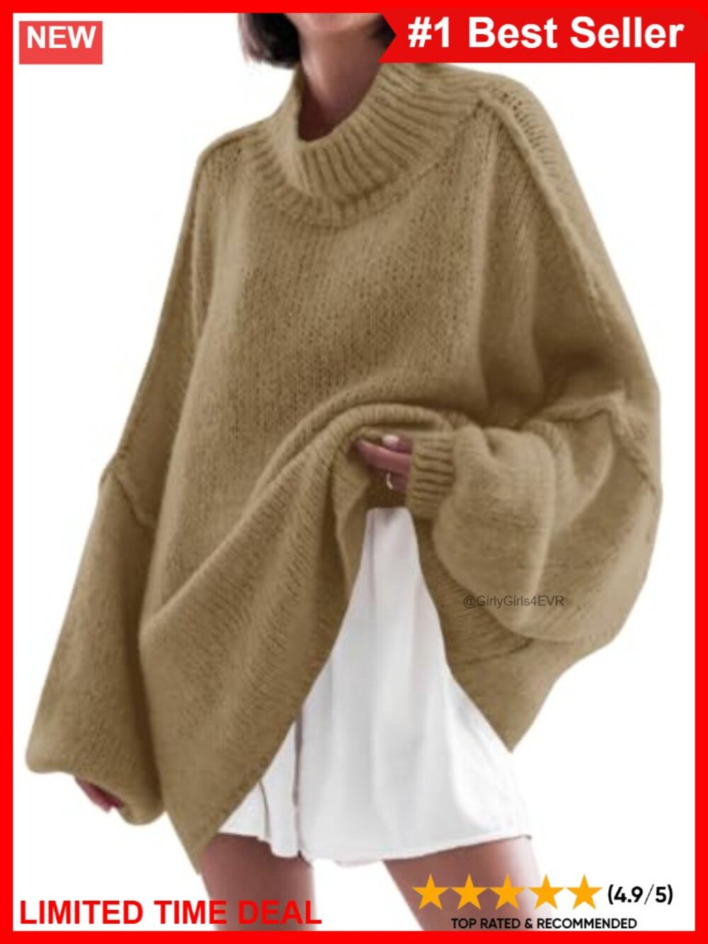 Mock Neck Oversized Tunic Sweater Batwing Long Sleeve Ribbed Knit